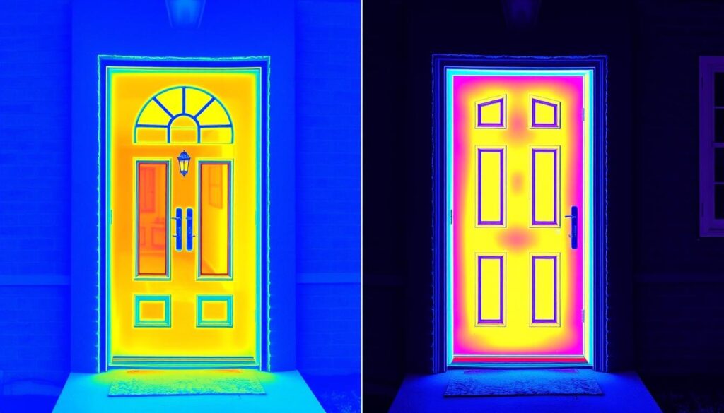 Thermografische Aufnahme einer gut gedämmten Haustür im Vergleich zu einer schlecht gedämmten Thermografische Aufnahme einer gut gedämmten Haustür im Vergleich zu einer schlecht gedämmten
