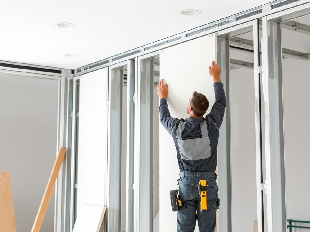 Trockenbauer bei der Arbeit an einer Wand in Niedersachsen