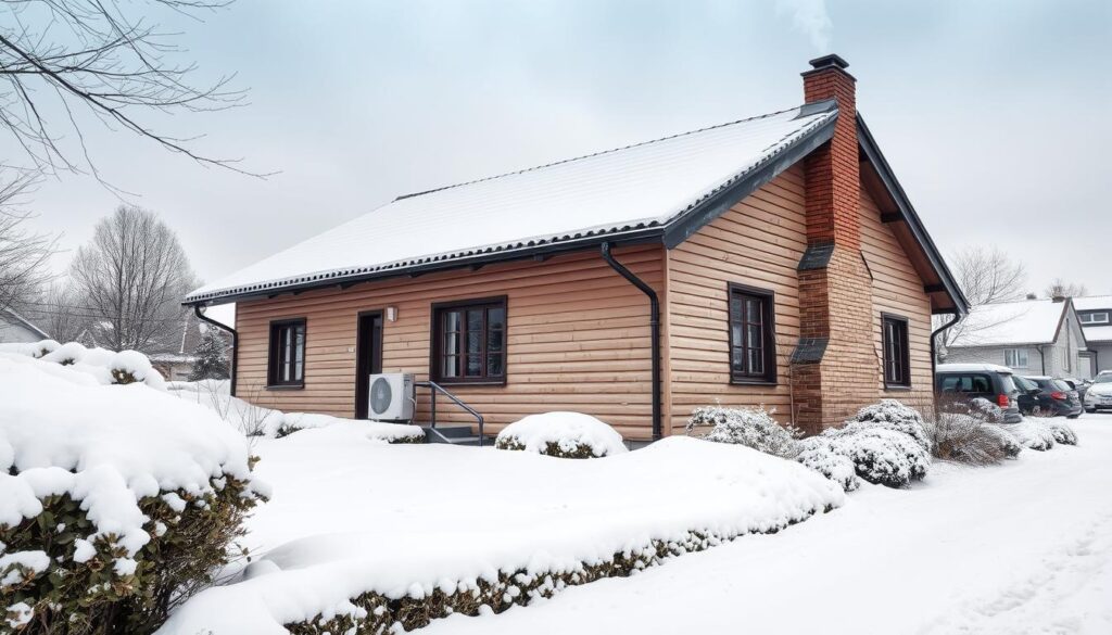 Typisches Einfamilienhaus in Niedersachsen mit moderner Heizungsanlage im Winter