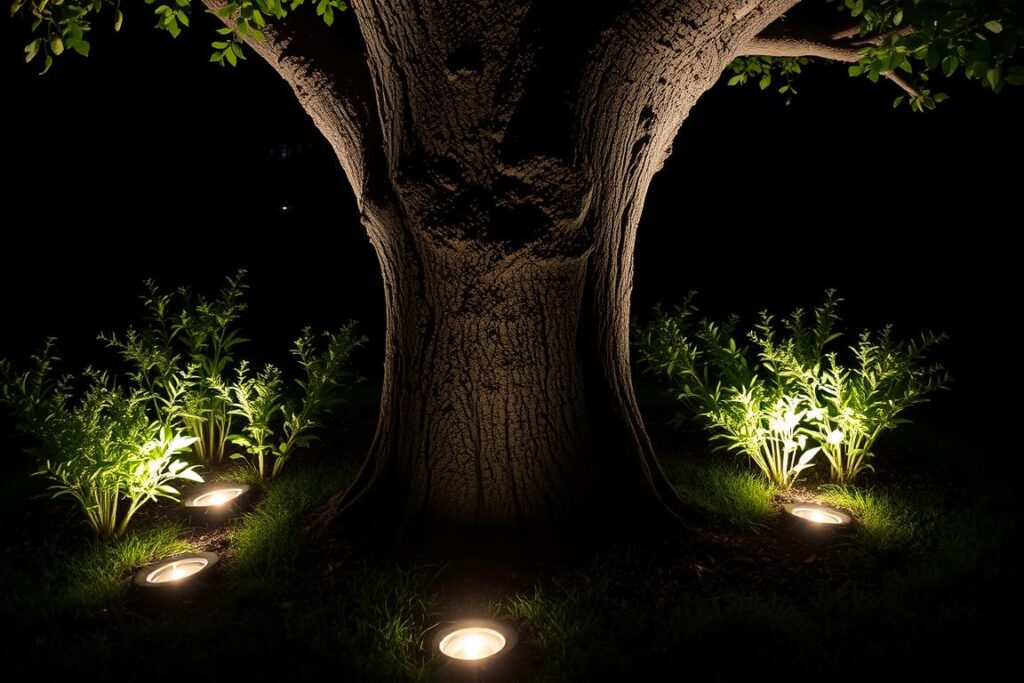 Uplighting-Technik an einem Baum mit Bodeneinbaustrahlern