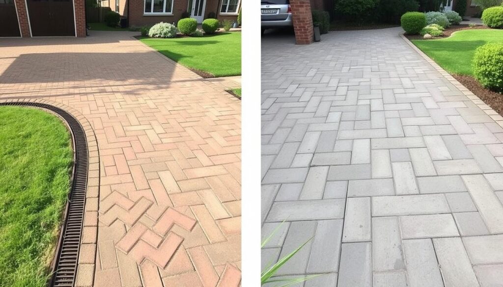 Vergleich zwischen korrekter und fehlerhafter Pflasterausführung für Einfahrt und Terrasse