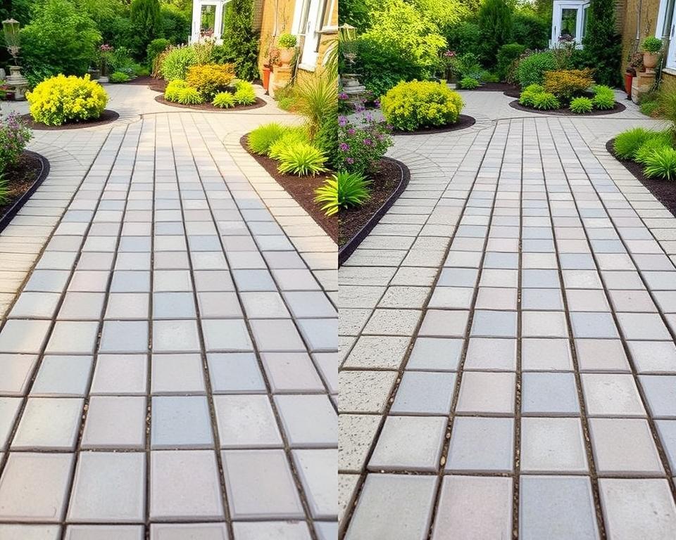 Vergleich zwischen professioneller und unsachgemäßer Pflasterarbeit in einem Garten in Niedersachsen