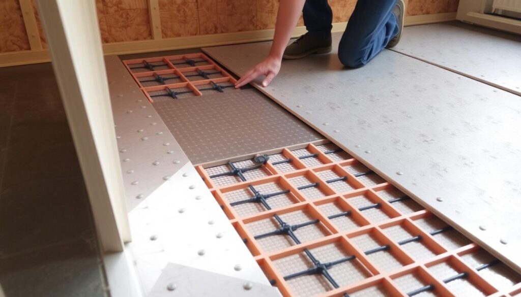 Verlegung von Dämmplatten und Systemplatten für Fußbodenheizung