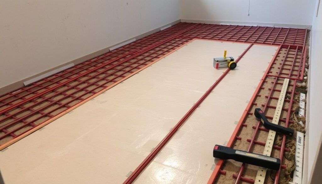 Vorbereitung des Untergrunds für eine Fußbodenheizung mit Dämmplatten
