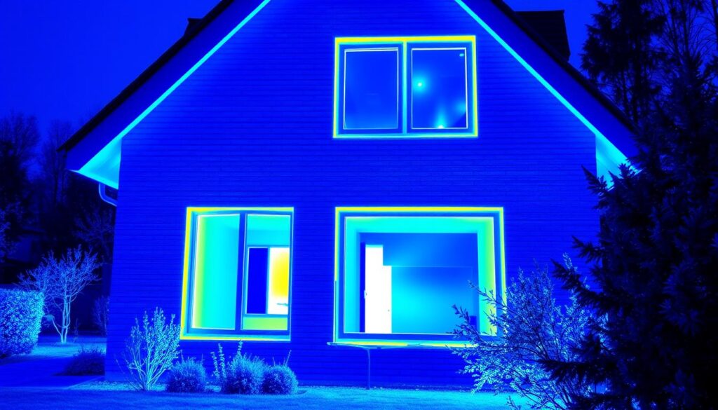 Wärmebildaufnahme eines Hauses mit Kunststofffenstern zeigt hervorragende Wärmedämmung