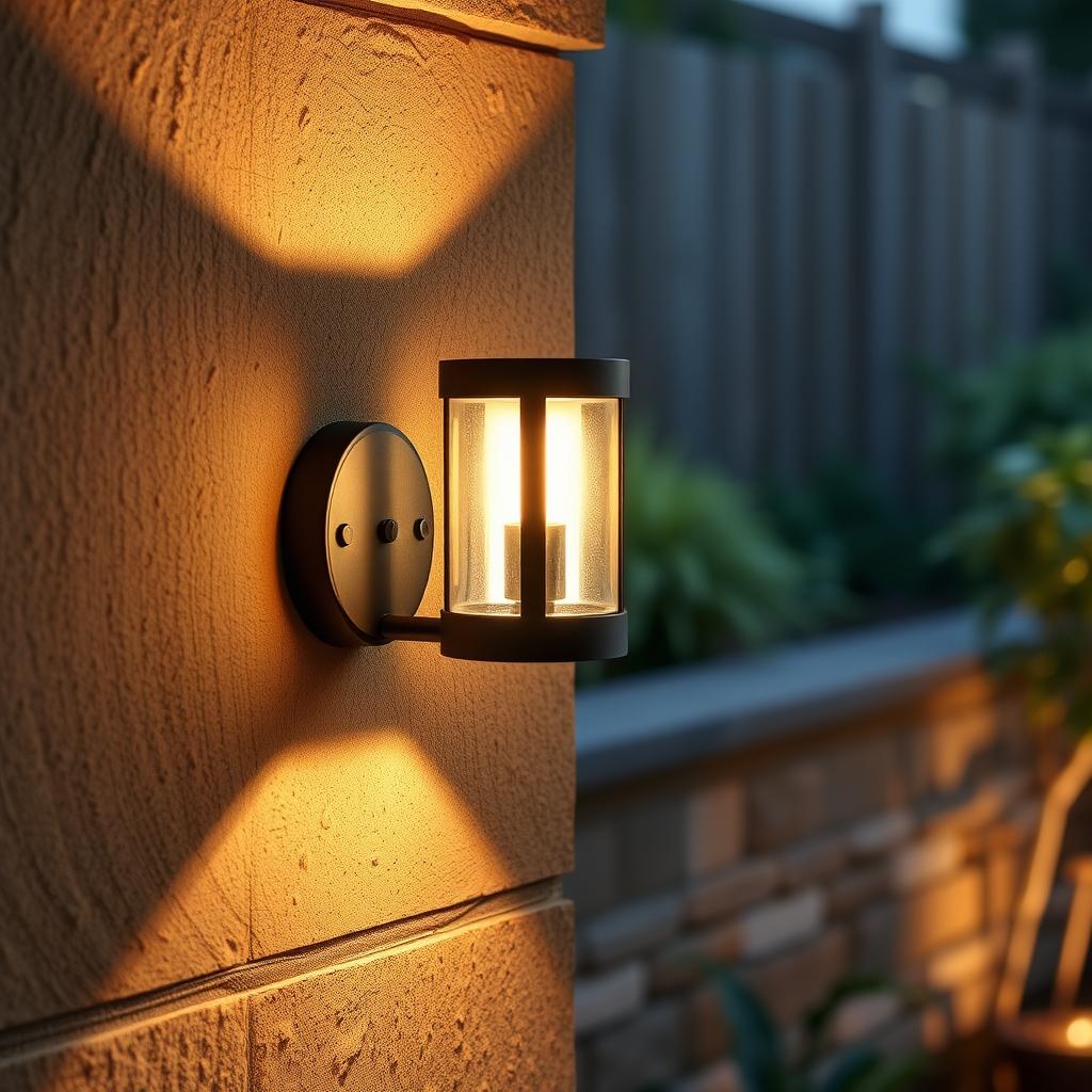 Wandleuchte an einer Gartenmauer mit warmweißem Licht