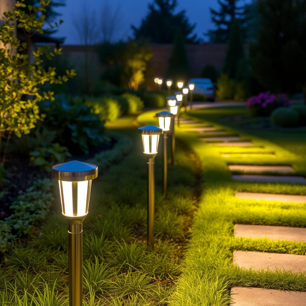 Wegeleuchten entlang eines Gartenpfades installiert