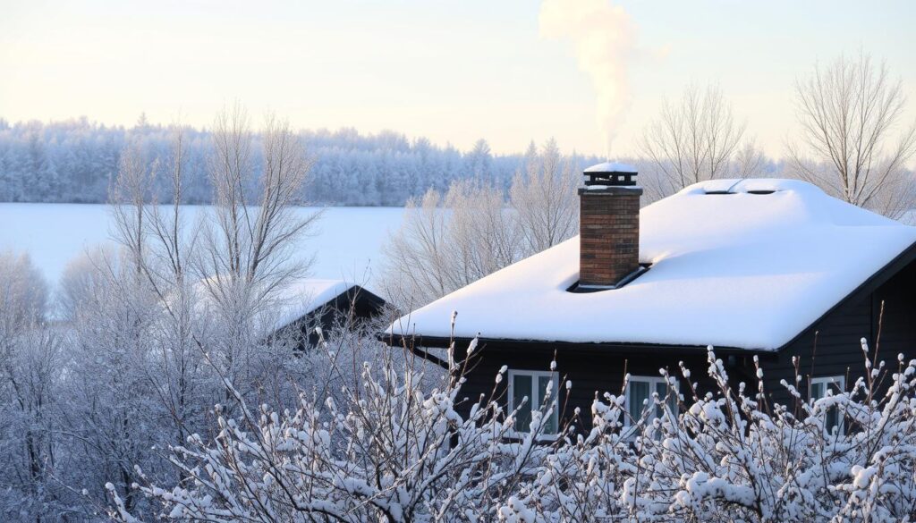 Winterliche Landschaft mit schneebedecktem Haus und sichtbarem Schornstein