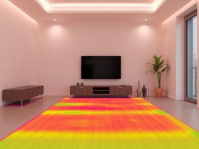 Wohnzimmer mit Fußbodenheizung und Thermometer, das niedrige Betriebstemperatur zeigt